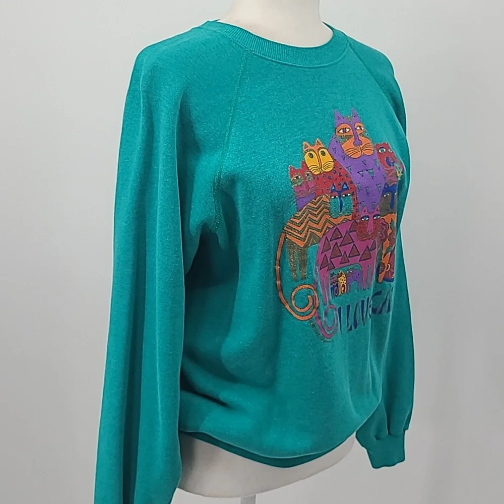Vintage Laurel Burch I LOVE CATS! Sweatshirt teal green large hanes - Picture 9 of 16